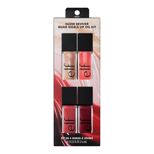 ELF Glow Reviver Quad Goals Lip Oil Kit, Lip Gloss for a High-Gloss Finish & Sheer Wash of Color, Non-Sticky, Vegan & Cruelty-Free, 4 Glosses