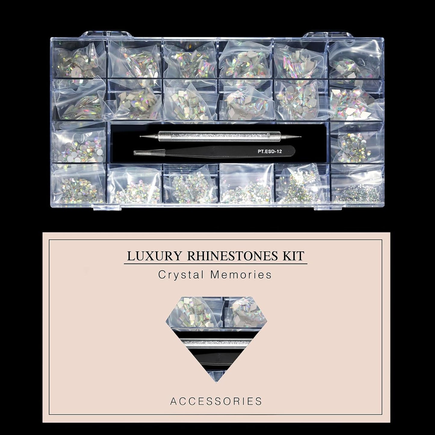 12 Types of 600 Crystal AB Diamonds + 2500 Flat Rhinestones Mix 20 Styles Flatback DIY Crafts Rhinestone Crystals 3D Ornament‌S Flat Back Stones Set + Tweezers + Drill Pen