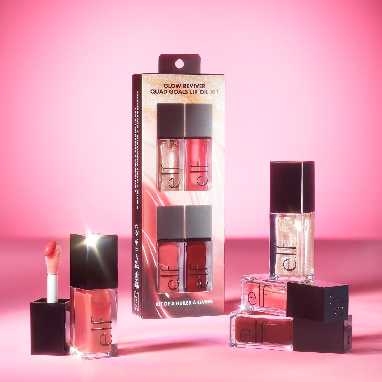 ELF Glow Reviver Quad Goals Lip Oil Kit, Lip Gloss for a High-Gloss Finish & Sheer Wash of Color, Non-Sticky, Vegan & Cruelty-Free, 4 Glosses